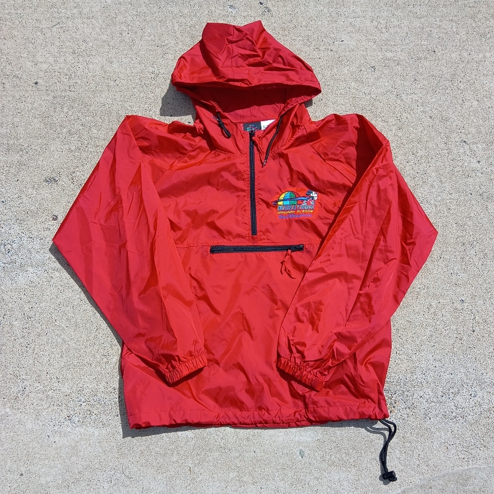2002 Vtg Walt Disney World Marathon Windbreaker Hooded Red Size L